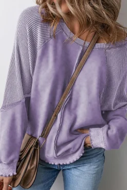 Best Dear-Lover Solid Waffle Knit Patchwork Raglan Sleeve Sweatshirt Orchid Petal