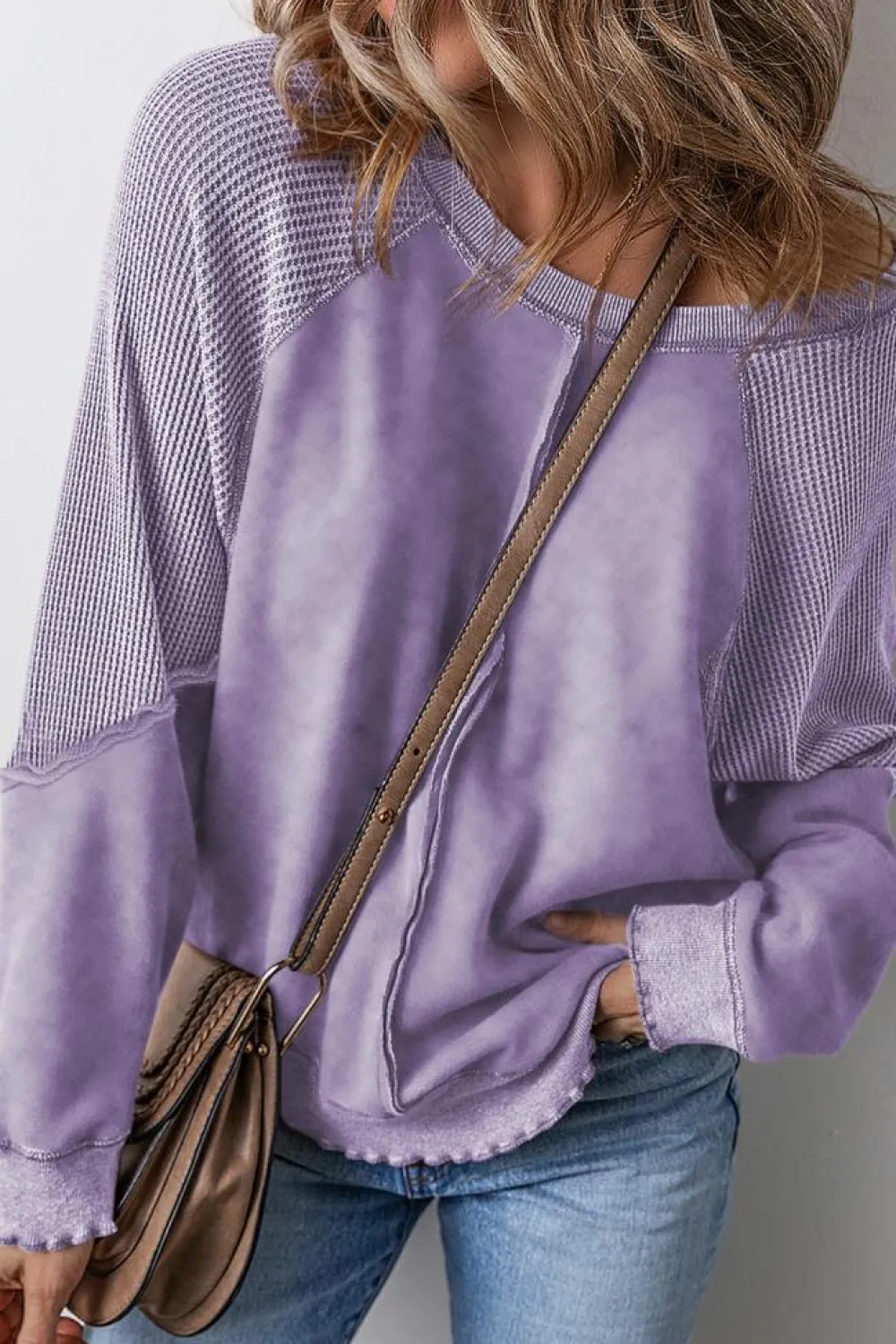 Best Dear-Lover Solid Waffle Knit Patchwork Raglan Sleeve Sweatshirt Orchid Petal