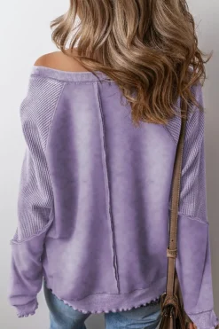 Best Dear-Lover Solid Waffle Knit Patchwork Raglan Sleeve Sweatshirt Orchid Petal