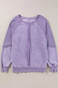 Best Dear-Lover Solid Waffle Knit Patchwork Raglan Sleeve Sweatshirt Orchid Petal