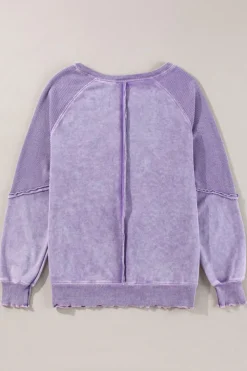Best Dear-Lover Solid Waffle Knit Patchwork Raglan Sleeve Sweatshirt Orchid Petal