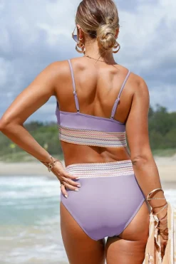 Online Dear-Lover Striped Patchwork Spaghetti Strap High Waist Bikini Swimsuit Orchid Petal