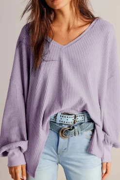 Sale Dear-Lover Waffle V Neck Long Sleeve Drop Shoulder Loose Blouse Orchid Petal