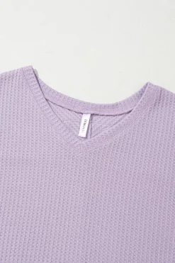 Sale Dear-Lover Waffle V Neck Long Sleeve Drop Shoulder Loose Blouse Orchid Petal