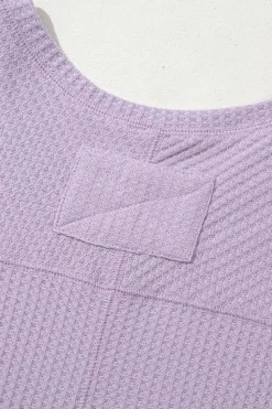 Sale Dear-Lover Waffle V Neck Long Sleeve Drop Shoulder Loose Blouse Orchid Petal