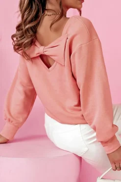 Fashion Dear-Lover Bowknot Dewback Round Neck Sweatshirt Pale Chestnut