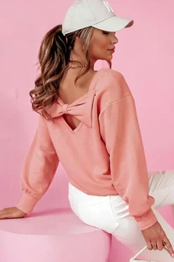 Fashion Dear-Lover Bowknot Dewback Round Neck Sweatshirt Pale Chestnut