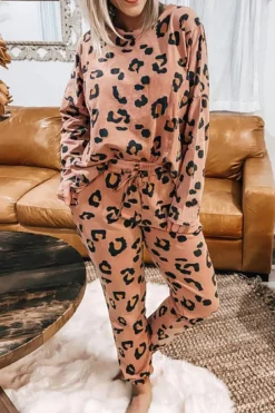 Online Dear-Lover Leopard Long Sleeve Top and Drawstring Pants Set Pale Chestnut