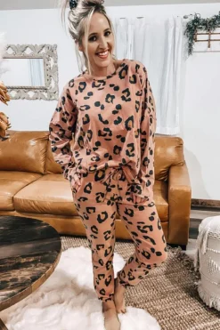 Online Dear-Lover Leopard Long Sleeve Top and Drawstring Pants Set Pale Chestnut
