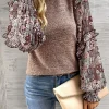 Discount Dear-Lover Ruffle Tiered Floral Sleeve Crew Neck Blouse Pale Chestnut