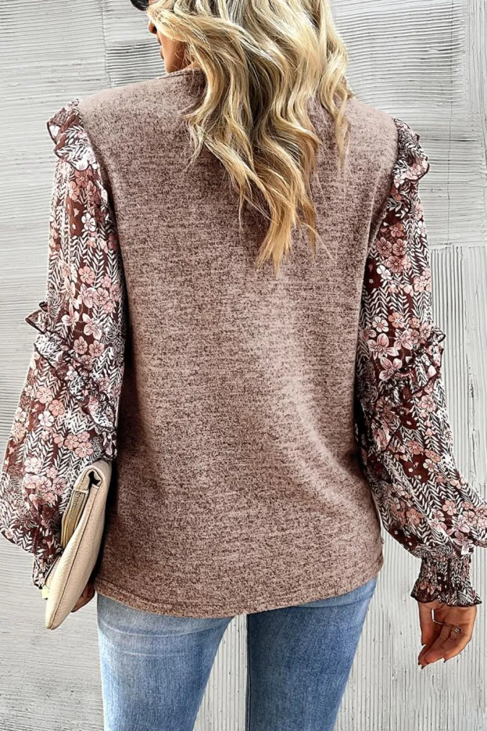 Discount Dear-Lover Ruffle Tiered Floral Sleeve Crew Neck Blouse Pale Chestnut