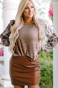 Discount Dear-Lover Ruffle Tiered Floral Sleeve Crew Neck Blouse Pale Chestnut