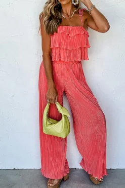 Online Dear-Lover Ruffle Tiered Cami Pleated Wide Leg Pants Set Pale Chestnut