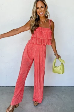 Online Dear-Lover Ruffle Tiered Cami Pleated Wide Leg Pants Set Pale Chestnut