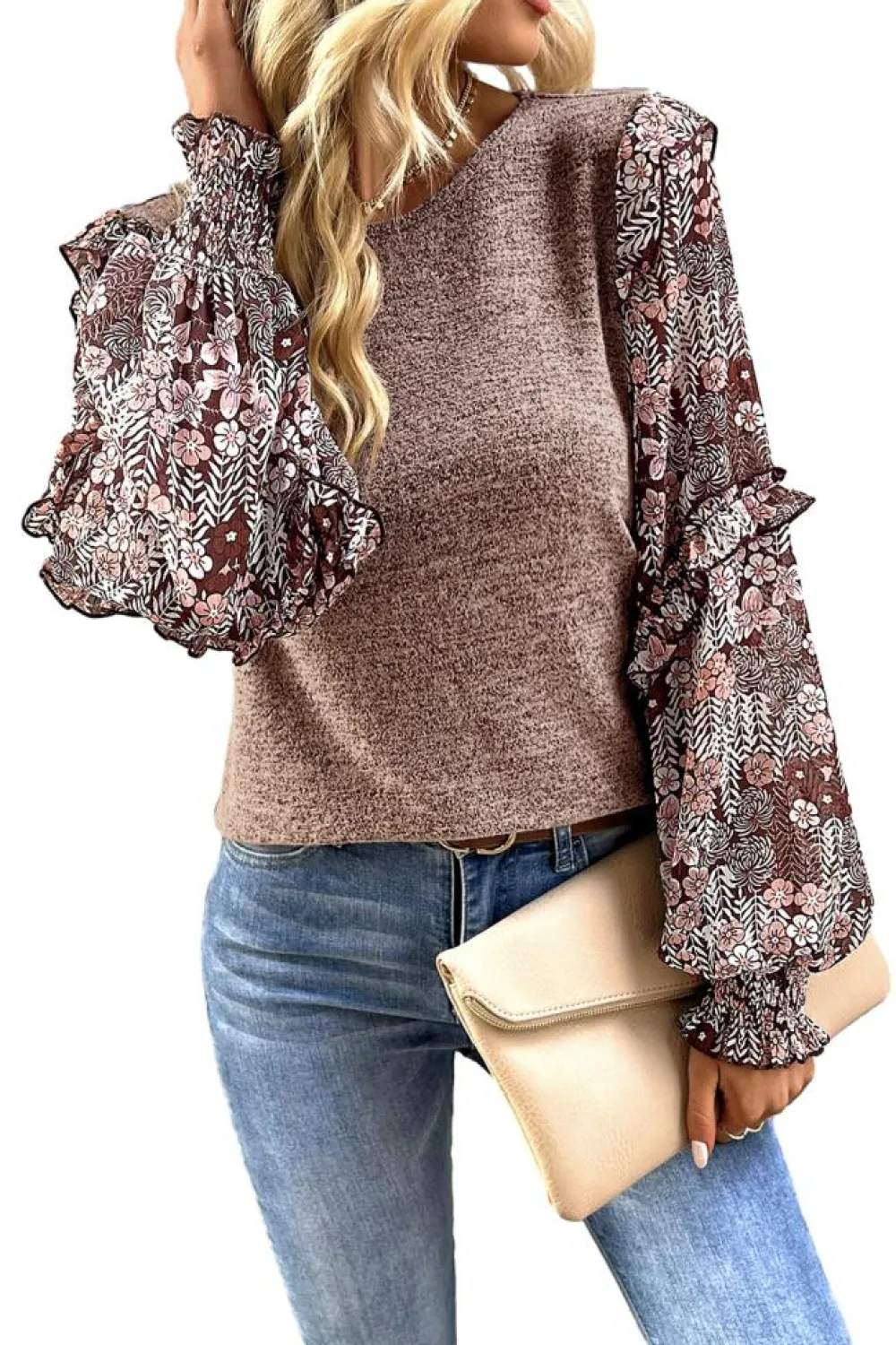 Discount Dear-Lover Ruffle Tiered Floral Sleeve Crew Neck Blouse Pale Chestnut