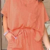 New Dear-Lover Textured Patched Pocket Short Sleeve Top Drawstring Shorts Set Pale Chestnut