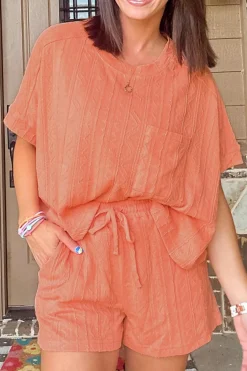 New Dear-Lover Textured Patched Pocket Short Sleeve Top Drawstring Shorts Set Pale Chestnut