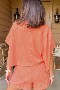 New Dear-Lover Textured Patched Pocket Short Sleeve Top Drawstring Shorts Set Pale Chestnut