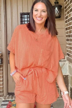 New Dear-Lover Textured Patched Pocket Short Sleeve Top Drawstring Shorts Set Pale Chestnut