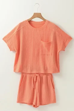 New Dear-Lover Textured Patched Pocket Short Sleeve Top Drawstring Shorts Set Pale Chestnut