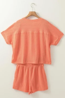 New Dear-Lover Textured Patched Pocket Short Sleeve Top Drawstring Shorts Set Pale Chestnut
