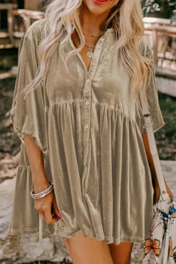 Outlet Dear-Lover 3/4 Sleeve Tunic Babydoll Velvet Shirt Pale Khaki