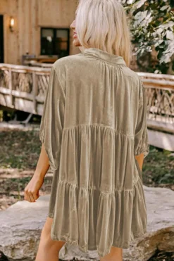 Outlet Dear-Lover 3/4 Sleeve Tunic Babydoll Velvet Shirt Pale Khaki