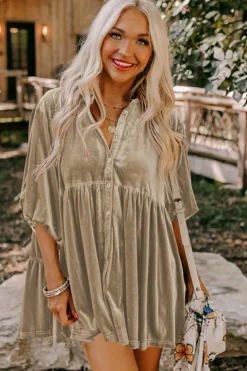 Outlet Dear-Lover 3/4 Sleeve Tunic Babydoll Velvet Shirt Pale Khaki
