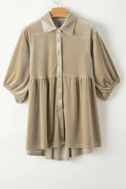 Outlet Dear-Lover 3/4 Sleeve Tunic Babydoll Velvet Shirt Pale Khaki