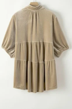 Outlet Dear-Lover 3/4 Sleeve Tunic Babydoll Velvet Shirt Pale Khaki