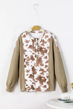 Outlet Dear-Lover Animal Print Textured Patch Lantern Sleeve Henley Blouse Pale Khaki