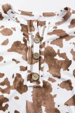 Outlet Dear-Lover Animal Print Textured Patch Lantern Sleeve Henley Blouse Pale Khaki