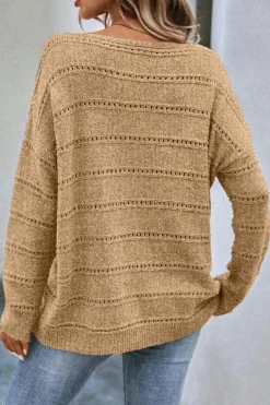 Discount Dear-Lover Boat Neck Drop Shoulder Pointelle Knit Sweater Pale Khaki
