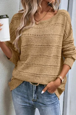Discount Dear-Lover Boat Neck Drop Shoulder Pointelle Knit Sweater Pale Khaki