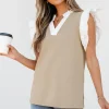 Discount Dear-Lover Contrast V Neck Ruffled Textured Knit Top Pale Khaki