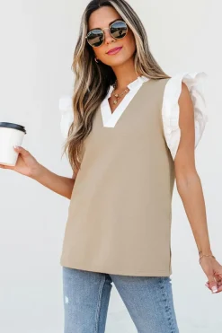 Discount Dear-Lover Contrast V Neck Ruffled Textured Knit Top Pale Khaki