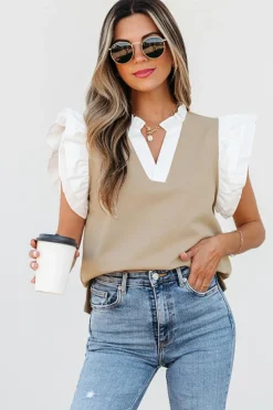 Discount Dear-Lover Contrast V Neck Ruffled Textured Knit Top Pale Khaki