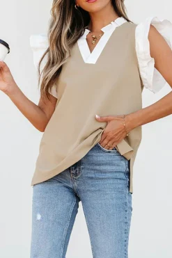 Discount Dear-Lover Contrast V Neck Ruffled Textured Knit Top Pale Khaki