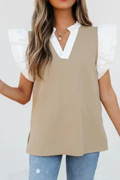 Discount Dear-Lover Contrast V Neck Ruffled Textured Knit Top Pale Khaki