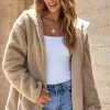 Fashion Dear-Lover Fleece Zip Up Drawstring Hooded Pocketed Jacket Pale Khaki