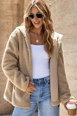 Fashion Dear-Lover Fleece Zip Up Drawstring Hooded Pocketed Jacket Pale Khaki