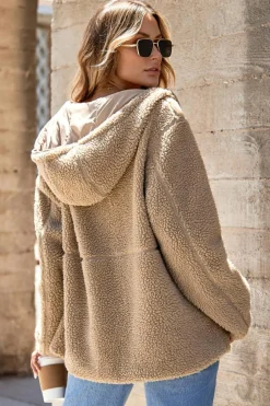 Fashion Dear-Lover Fleece Zip Up Drawstring Hooded Pocketed Jacket Pale Khaki