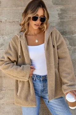 Fashion Dear-Lover Fleece Zip Up Drawstring Hooded Pocketed Jacket Pale Khaki