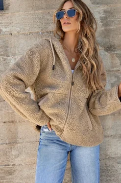 Fashion Dear-Lover Fleece Zip Up Drawstring Hooded Pocketed Jacket Pale Khaki