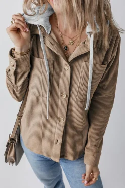 Outlet Dear-Lover Hooded Drawstring Pockets Corduroy Shacket Pale Khaki