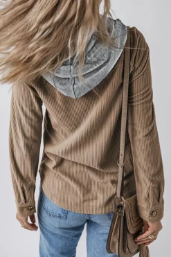 Outlet Dear-Lover Hooded Drawstring Pockets Corduroy Shacket Pale Khaki