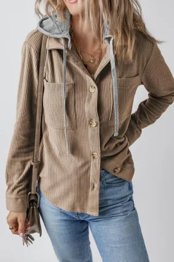 Outlet Dear-Lover Hooded Drawstring Pockets Corduroy Shacket Pale Khaki