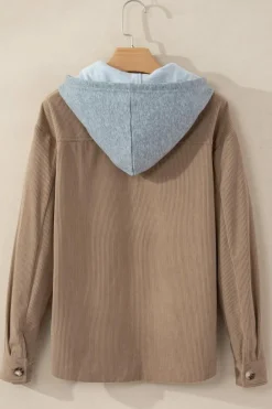 Outlet Dear-Lover Hooded Drawstring Pockets Corduroy Shacket Pale Khaki