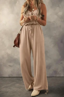 Sale Dear-Lover Knotted Straps Button Textured Drawstring Jumpsuit Pale Khaki