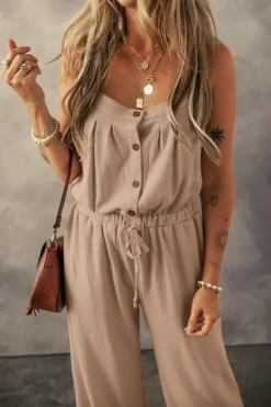Sale Dear-Lover Knotted Straps Button Textured Drawstring Jumpsuit Pale Khaki